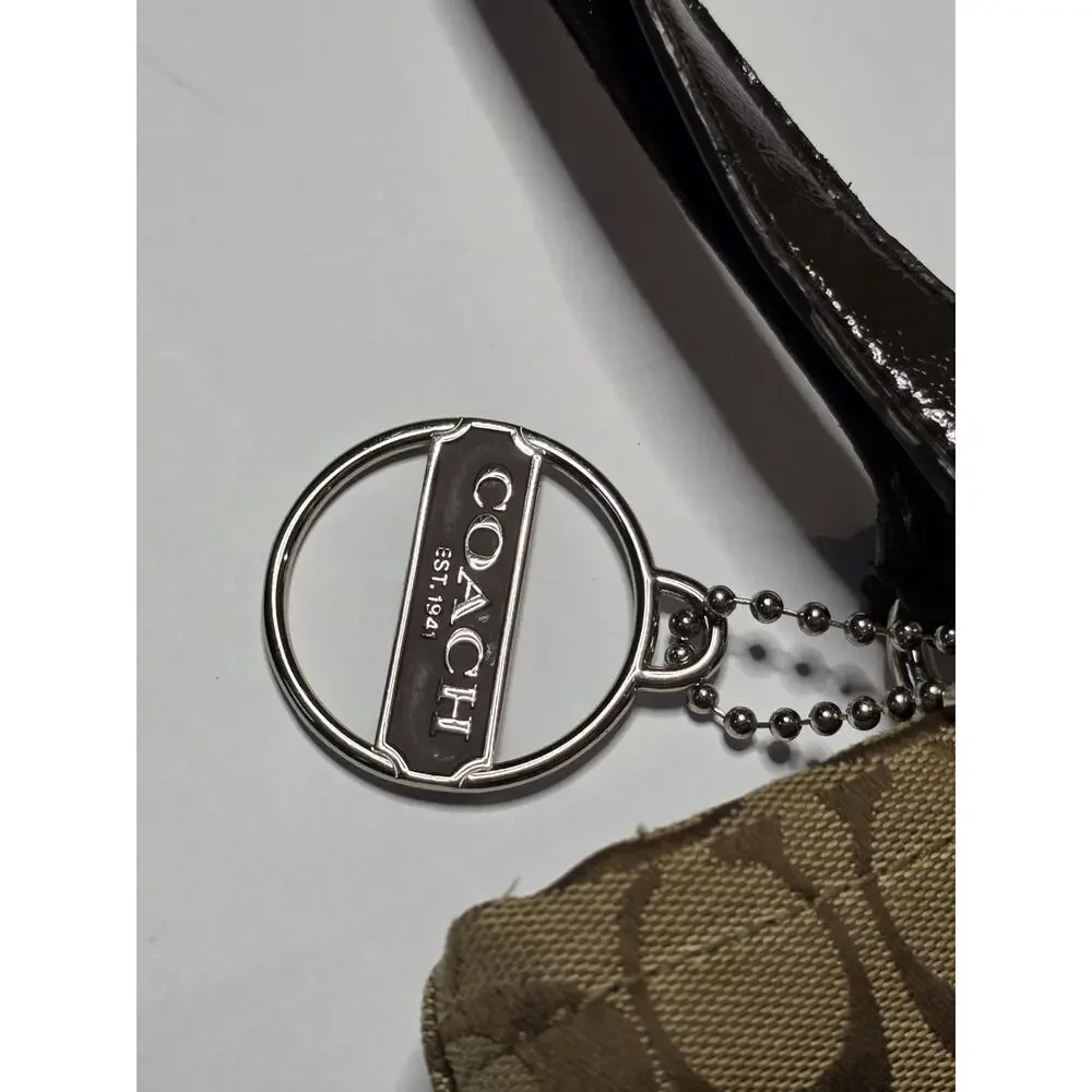 Coach Brown Signature Stripe Tote Brown Patent Leather Trim F28504 Shoulder Bag*